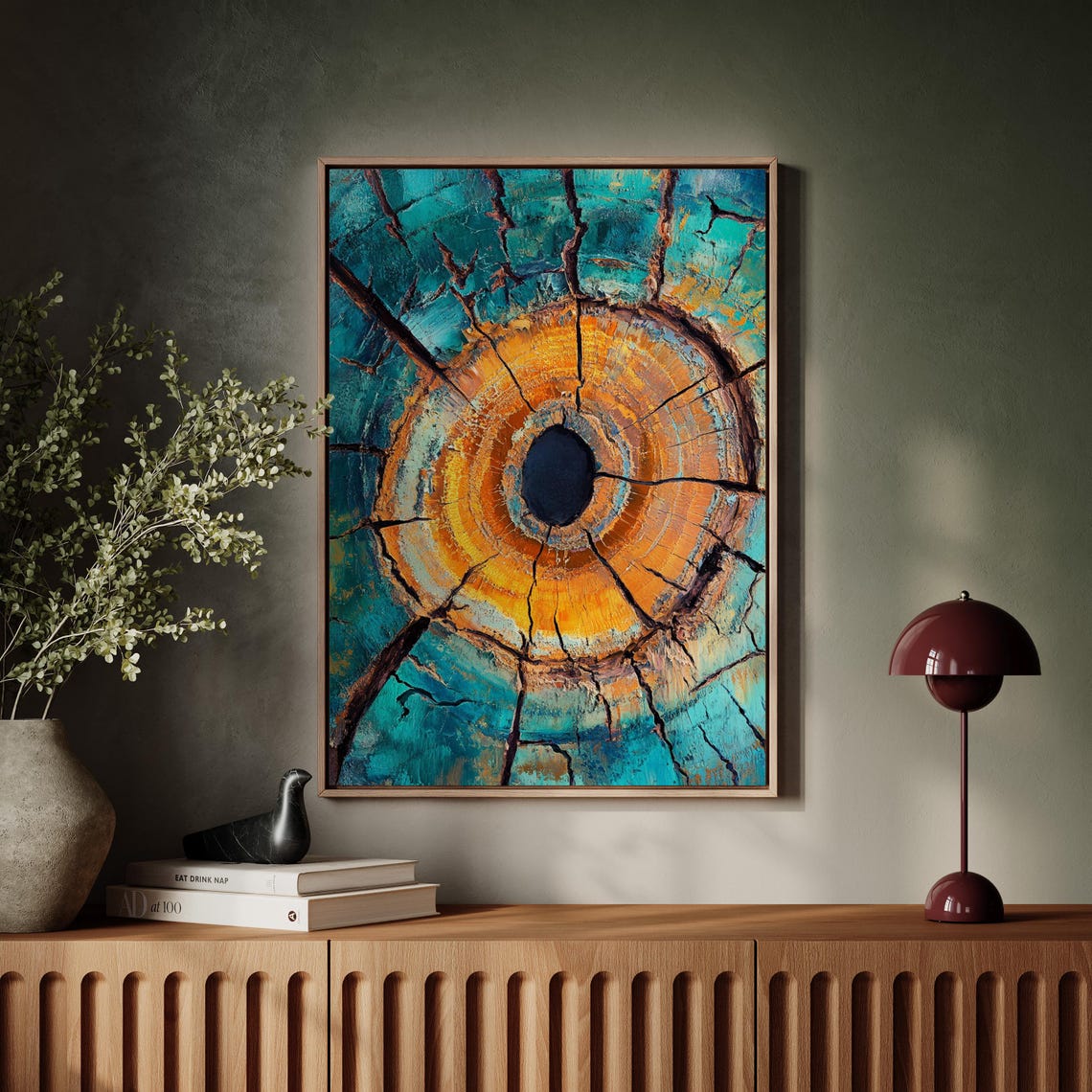 Cracked Teal Abstract Tree Ring Golden Glow Center Botanical Poster - Image 4