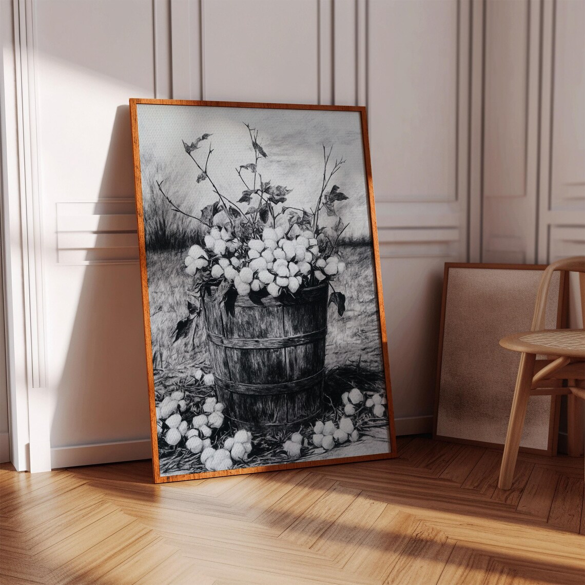Cotton Bolls In Wooden Barrel Vintage Ink Drawing Farmhouse Poster
