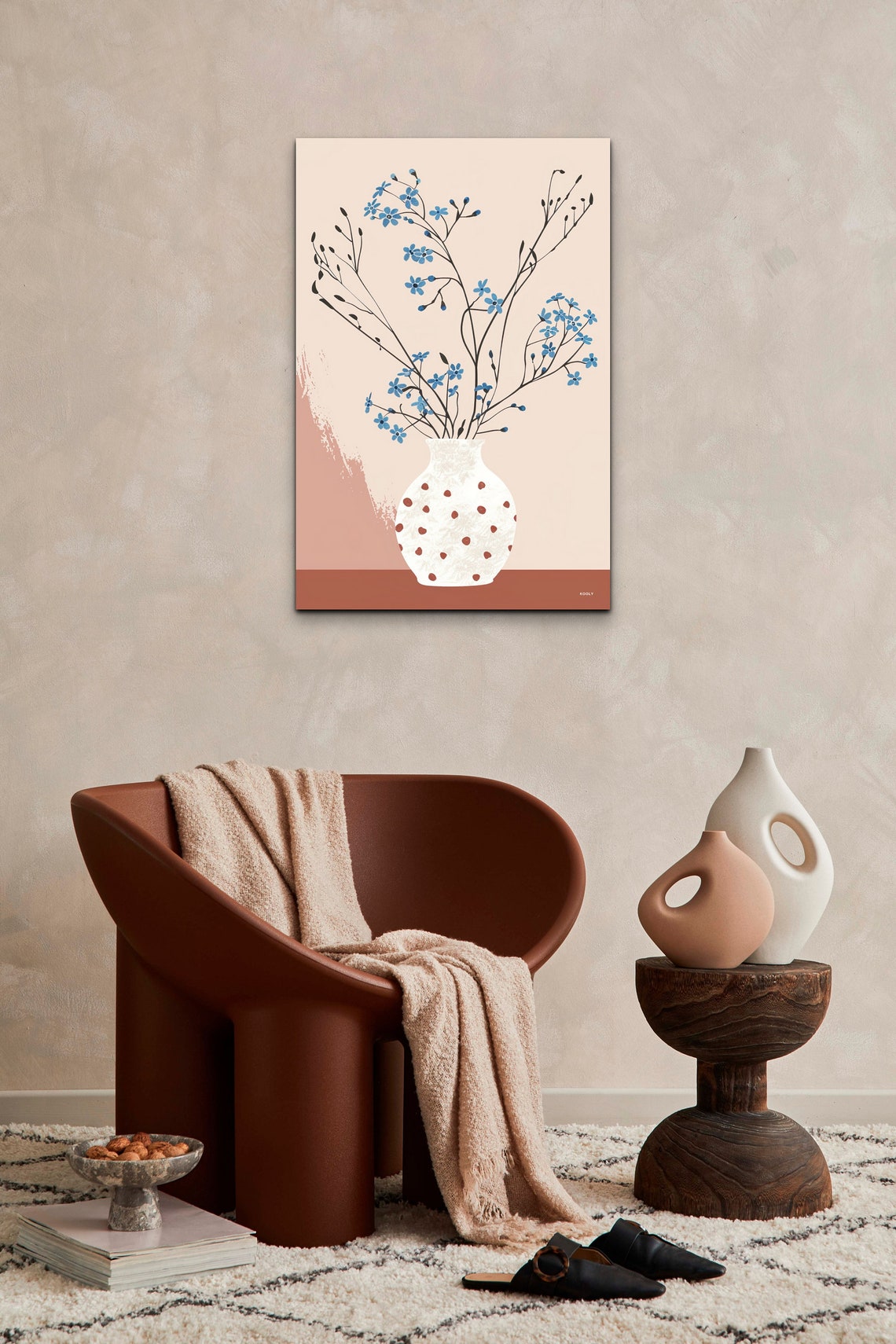 Delicate Blue Blooms in Dotted White Vase Blush Minimalist Art Poster - Image 5