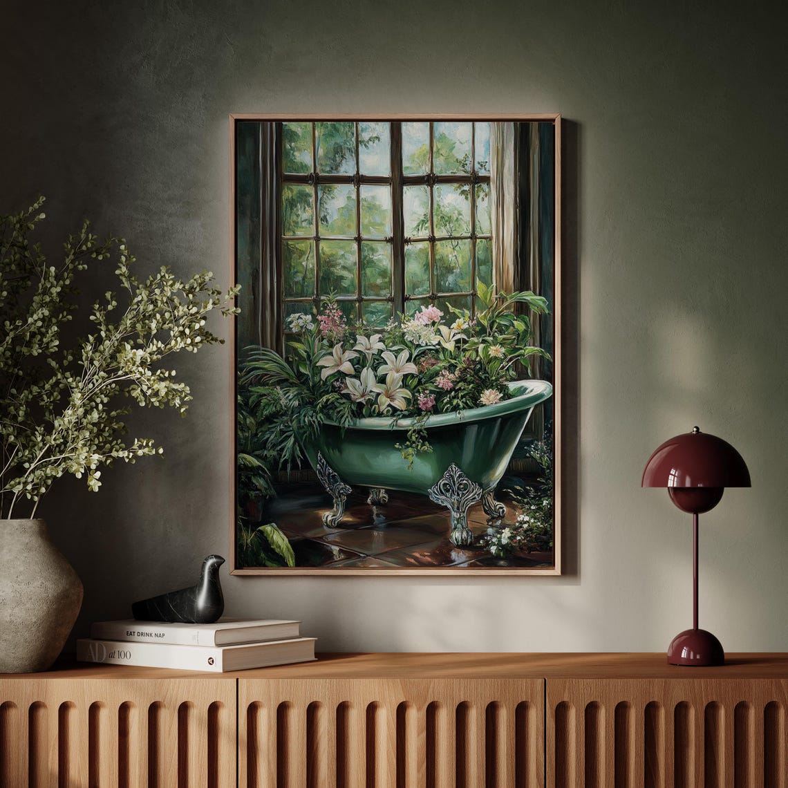 Green Clawfoot Bathtub Planter With Lilies Garden Window Wall Art - Image 2