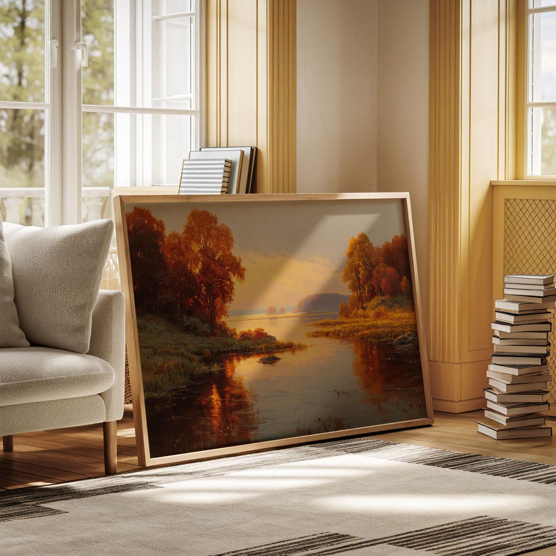 Tranquil Golden Autumn Sunset River Landscape Oil Painting Poster