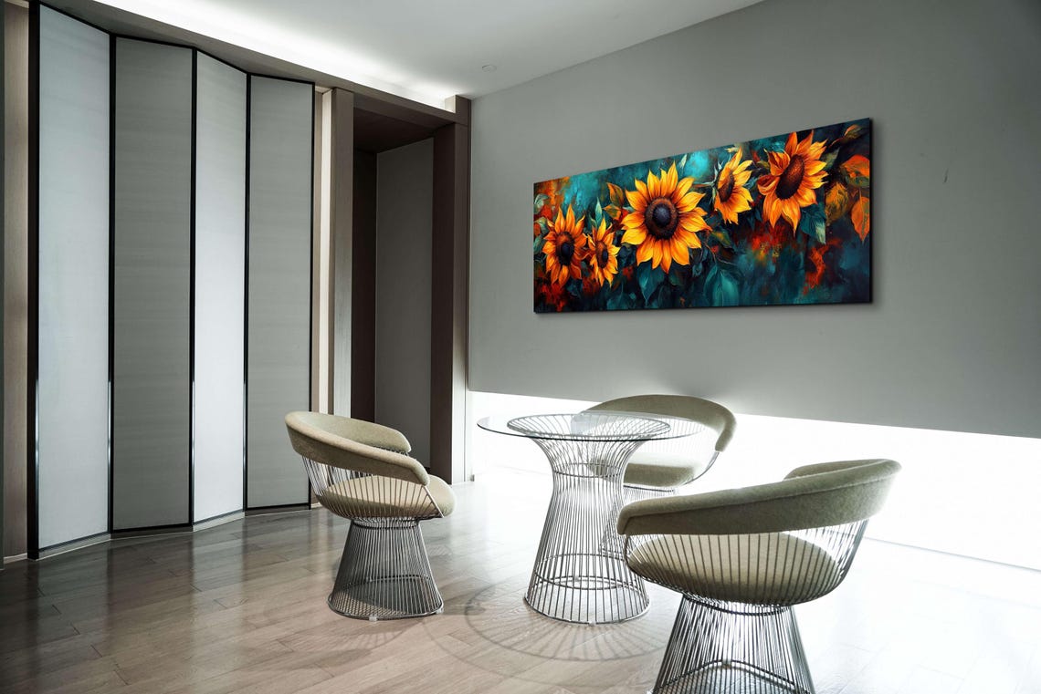 Impressionist Sunflowers Against Dark Teal Painterly Art Poster - Image 3