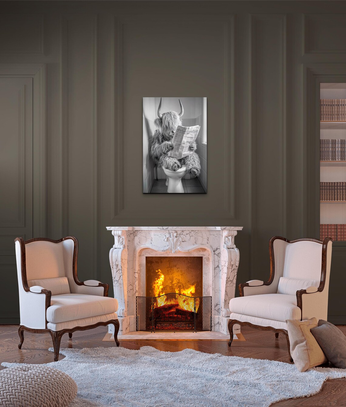 Highland Cow Reading Newspaper On Toilet Funny Bathroom Art Poster - Image 6