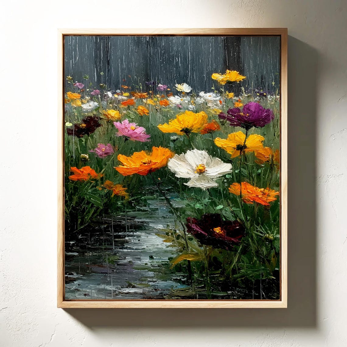 Colorful Cosmos Flowers in Rain Impressionist Painting Poster