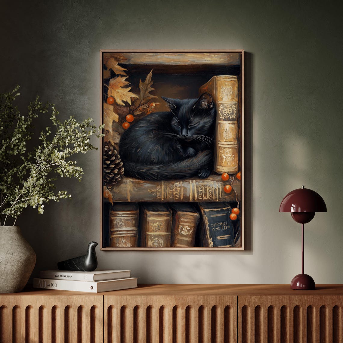 Black Cat Sleeping on Antique Books With Autumn Leaves Poster - Image 7