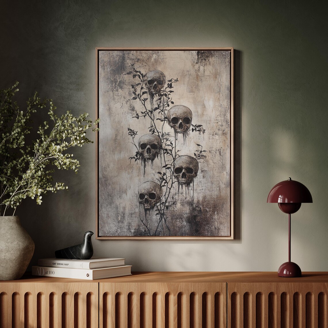 Gothic Skull Floral Art, Dark Botanical Decor