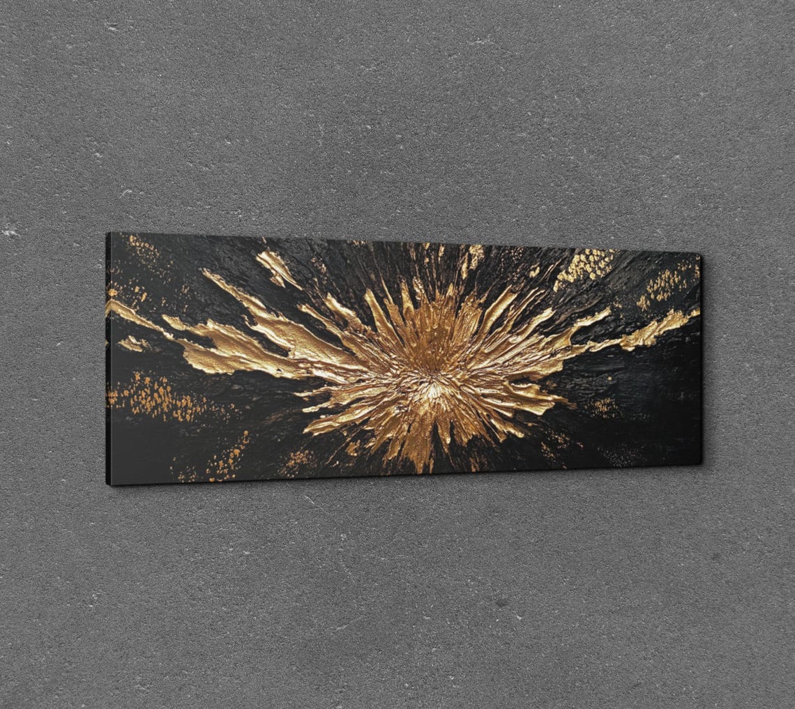 Gold Splash Burst On Black Textured Abstract Panoramic Art Poster - Image 6
