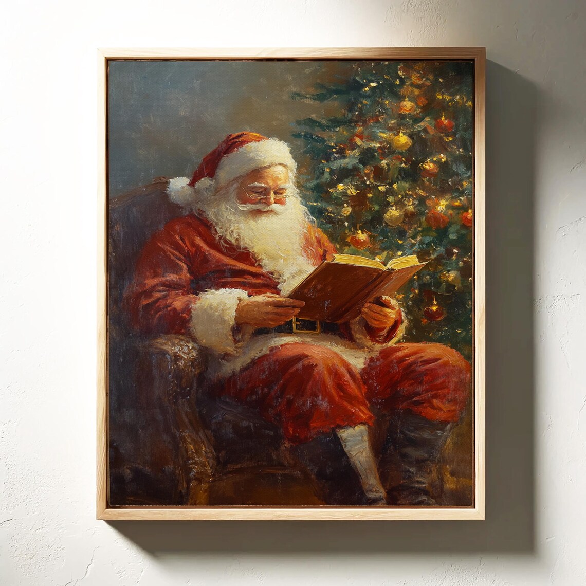 Vintage Santa Claus Reading Book By Christmas Tree Art Poster - Image 3
