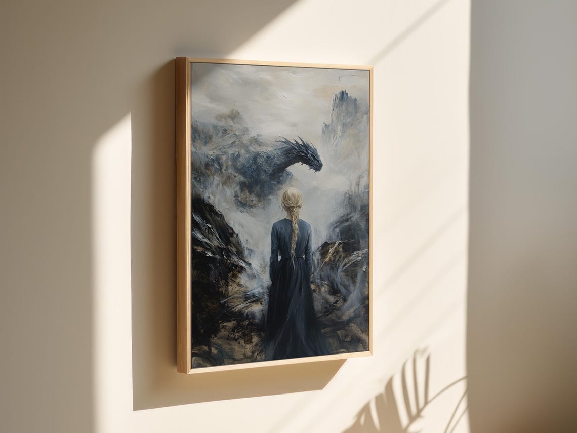Woman Facing Dragon Misty Mountains Epic Fantasy Adventure Art Poster - Image 3