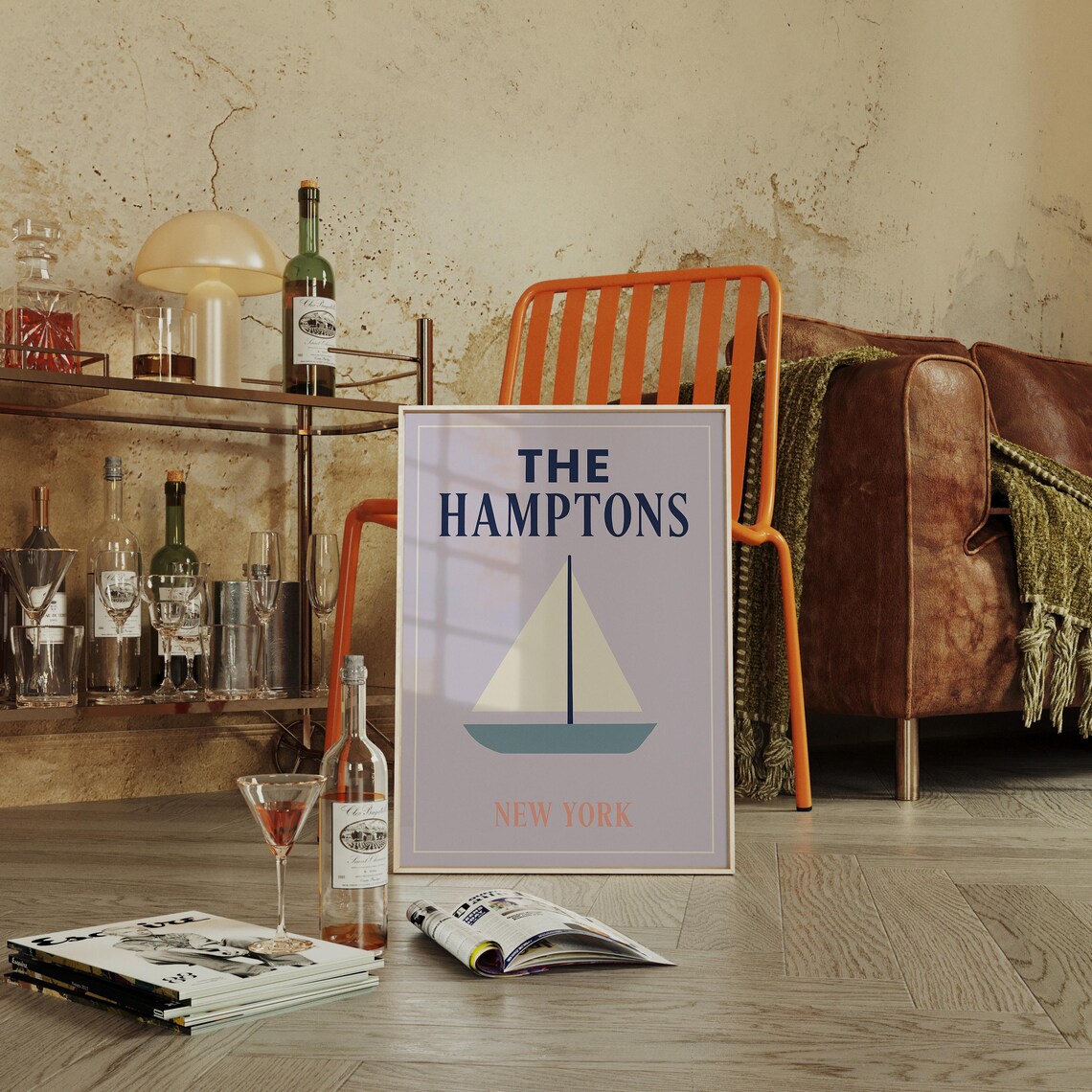 The Hamptons New York Cream Sailboat Minimalist Lavender Travel Poster