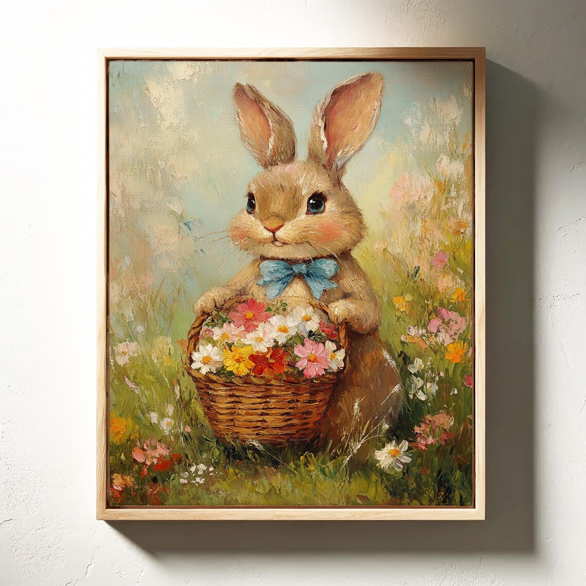Sweet Bunny With Blue Ribbon Bow And Colorful Flower Basket Poster - Image 4
