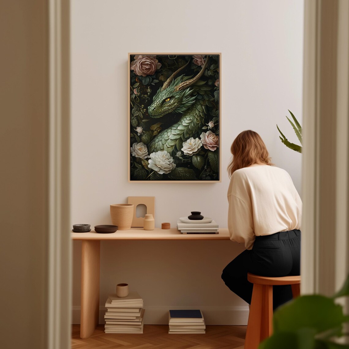 Emerald Dragon Coiled Among White Roses Golden Eye Mystical Fantasy Poster - Image 3