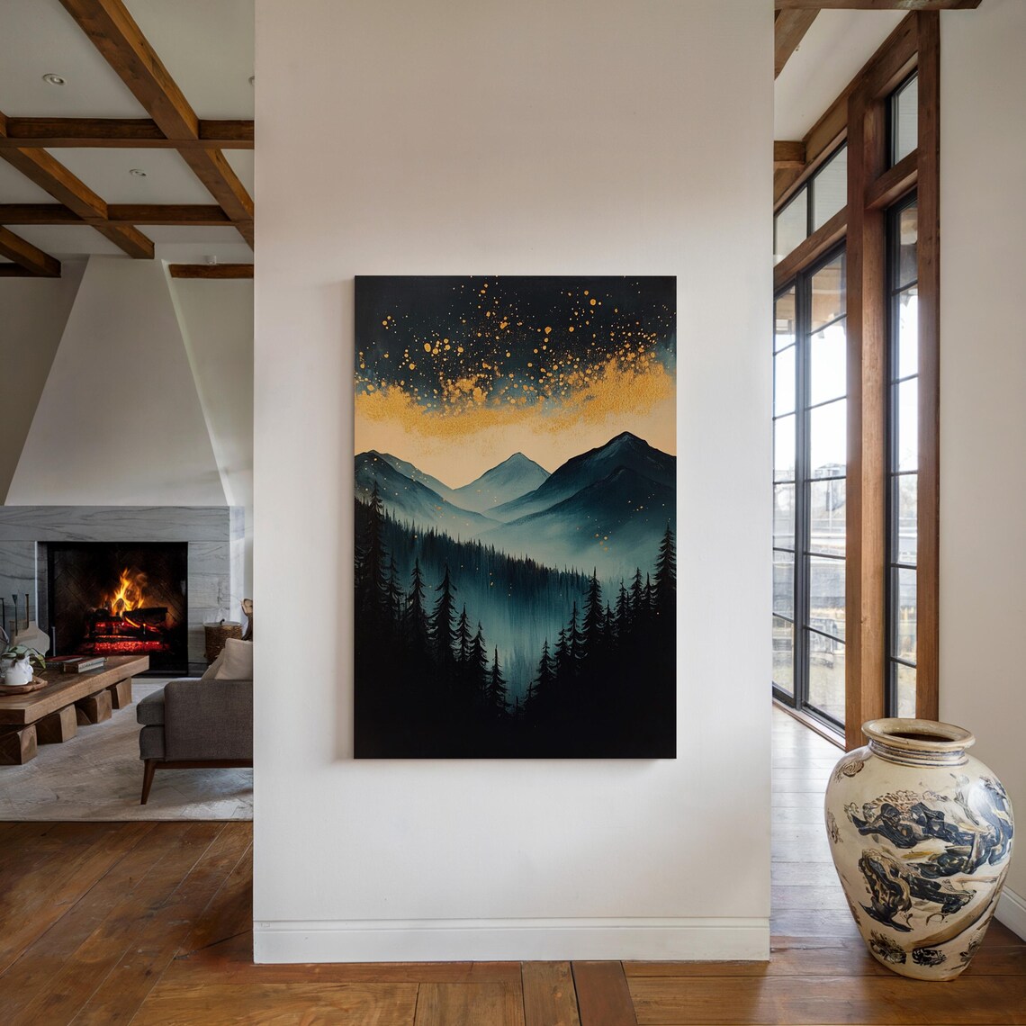 Starry Sky and Blue Mountain, Misty Forest Art - Image 5