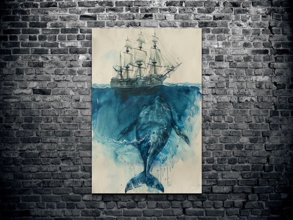 Whale Swimming Under Tall Ship Deep Blue Ocean Watercolor Poster - Image 2