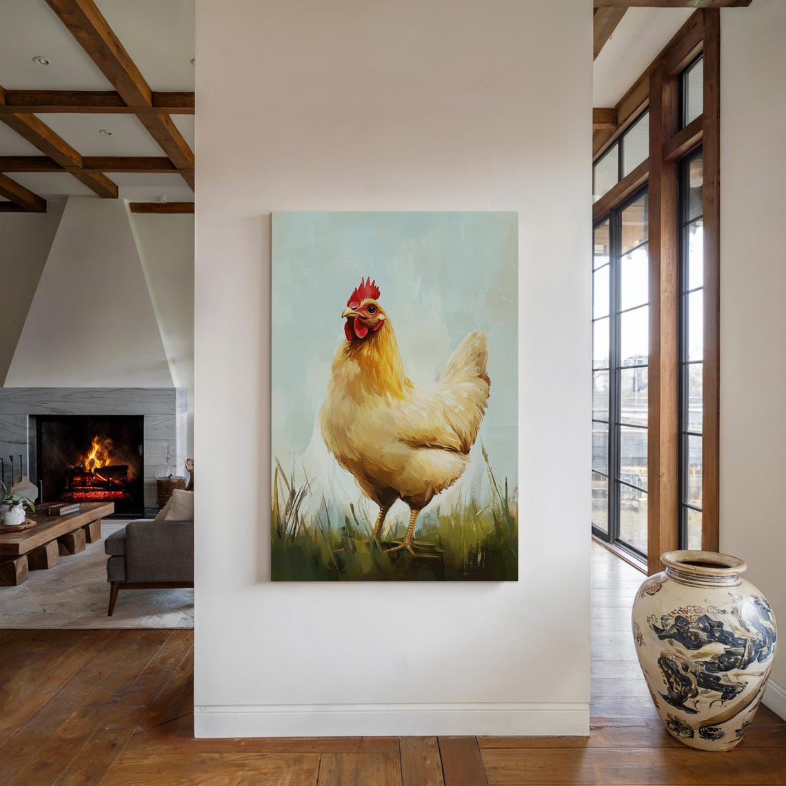 White Rooster with Red Comb in Field Folk Art Painting Poster - Image 5