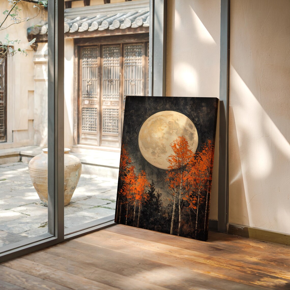 Full Moon With Autumn Birch Trees, Rustic Wall Art Print - Image 5