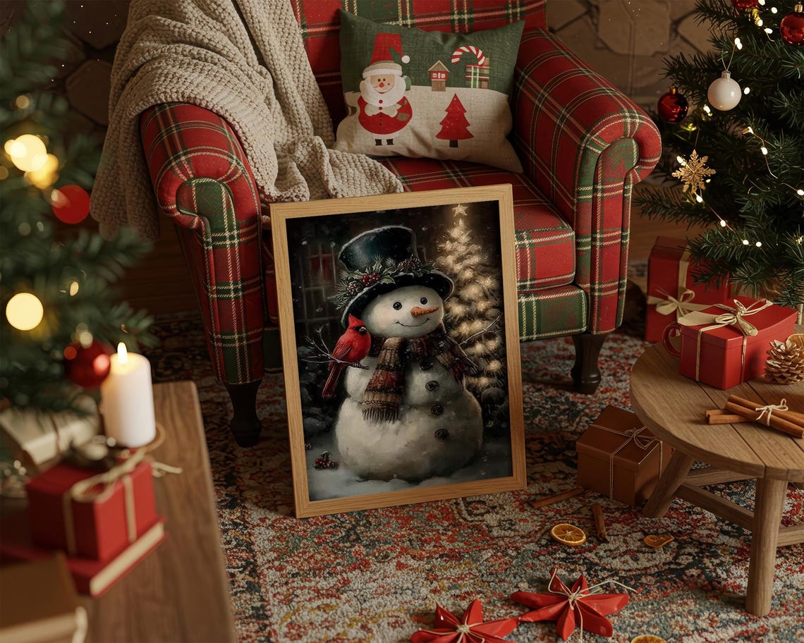 Snowman With Cardinal And Christmas Tree Winter Holiday Poster