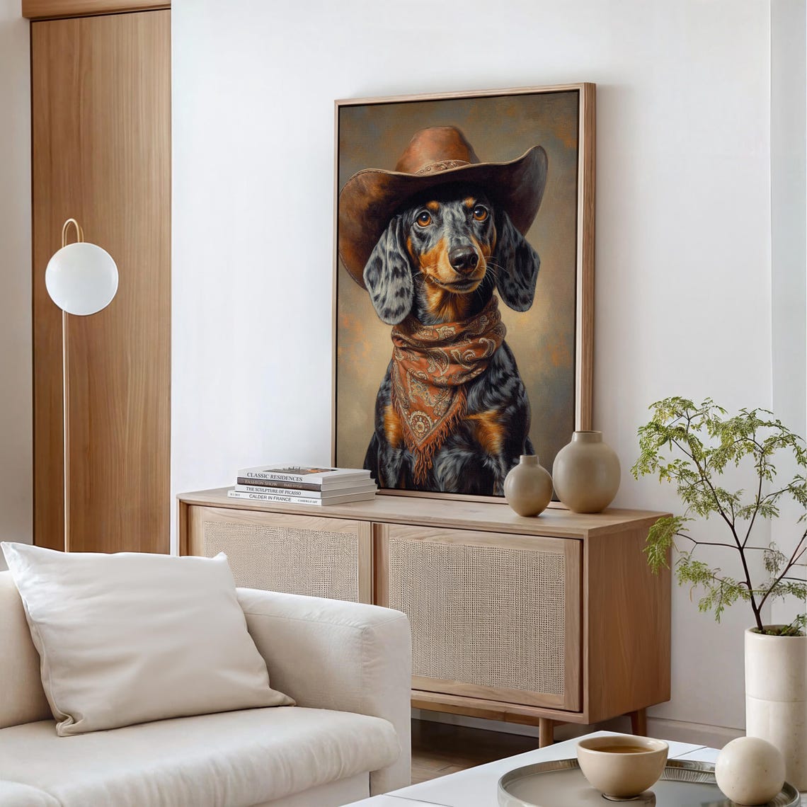 Dapple Dachshund Cowboy Hat Rustic Western Dog Portrait Poster - Image 2