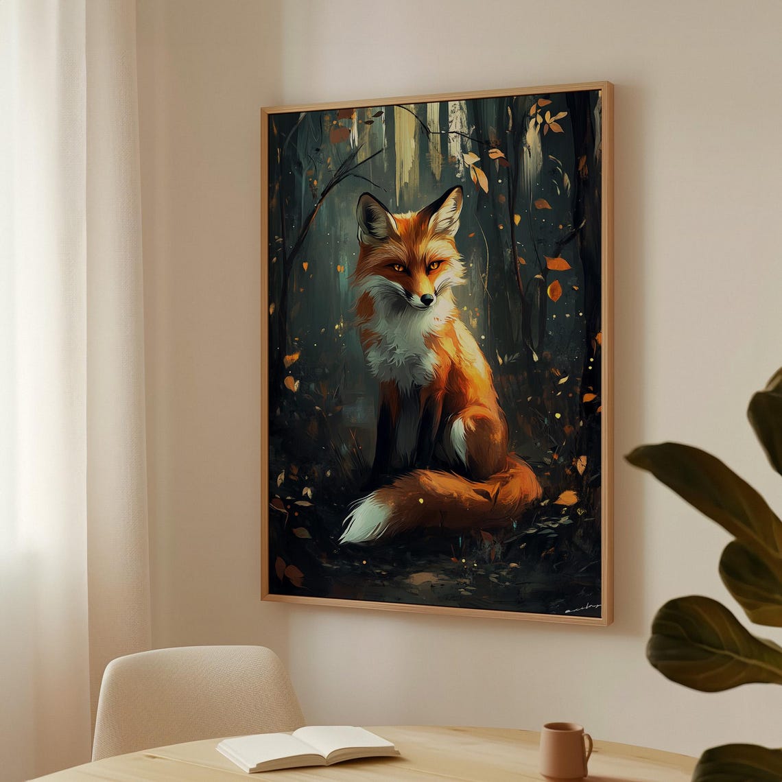 Red Fox Sitting in Dark Autumn Forest Golden Leaves Art Poster - Image 4