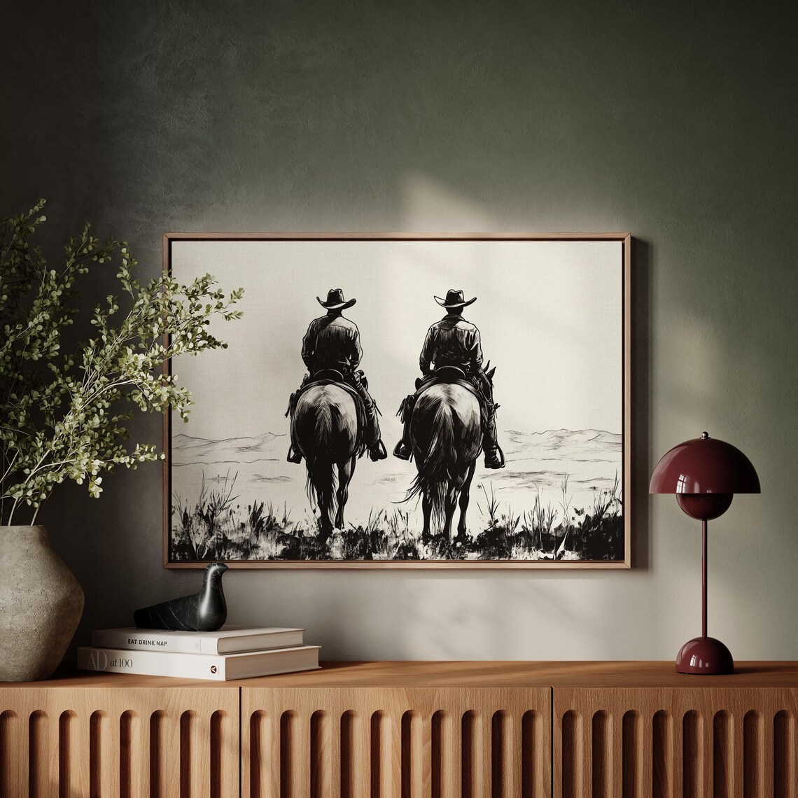 Cowboy Duo Riding Away Ink Drawing Western Minimalist Art Print