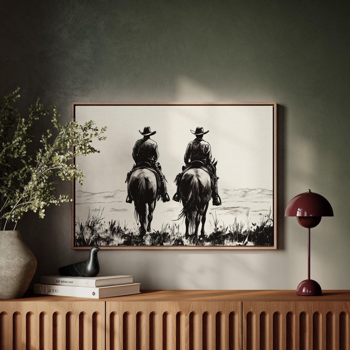 Cowboys On Horseback Western Line Art Print Black And White Cowboy Decor Rustic Ranch Wall Art