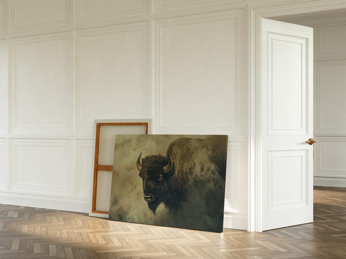 Majestic Bison In Mist Frontal Buffalo Painting Rustic Wall Poster - Image 2