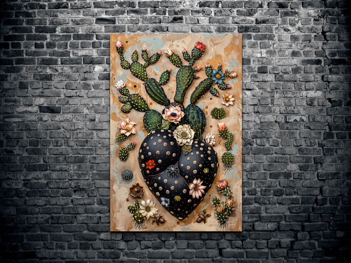 Heart Shaped Cactus With Blooming Flowers Southwestern Poster - Image 2