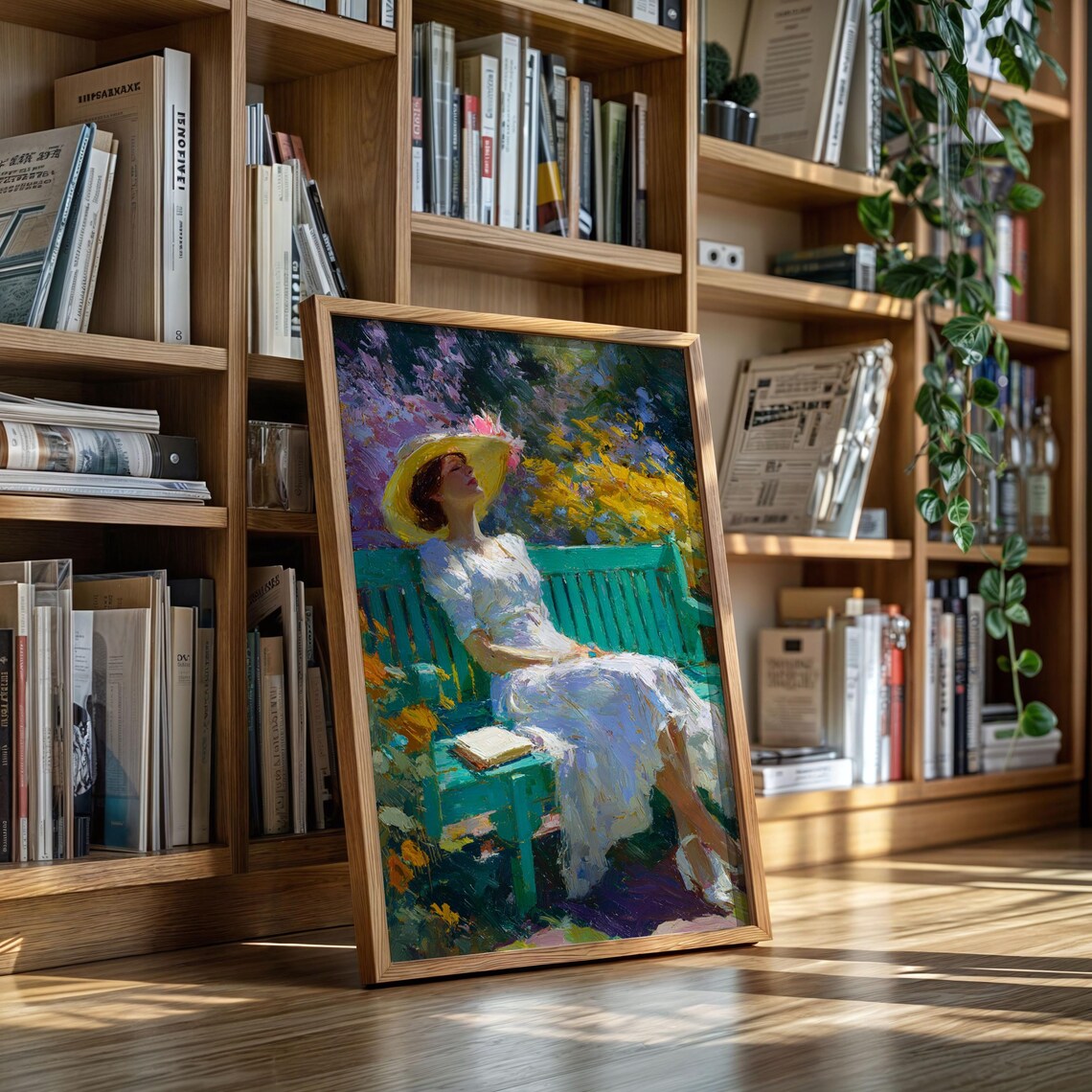Woman In White Dress Relaxing On Garden Bench Vintage Oil Painting Canvas Wall Art With Sun Hat And Flowers Peaceful Summer Scene