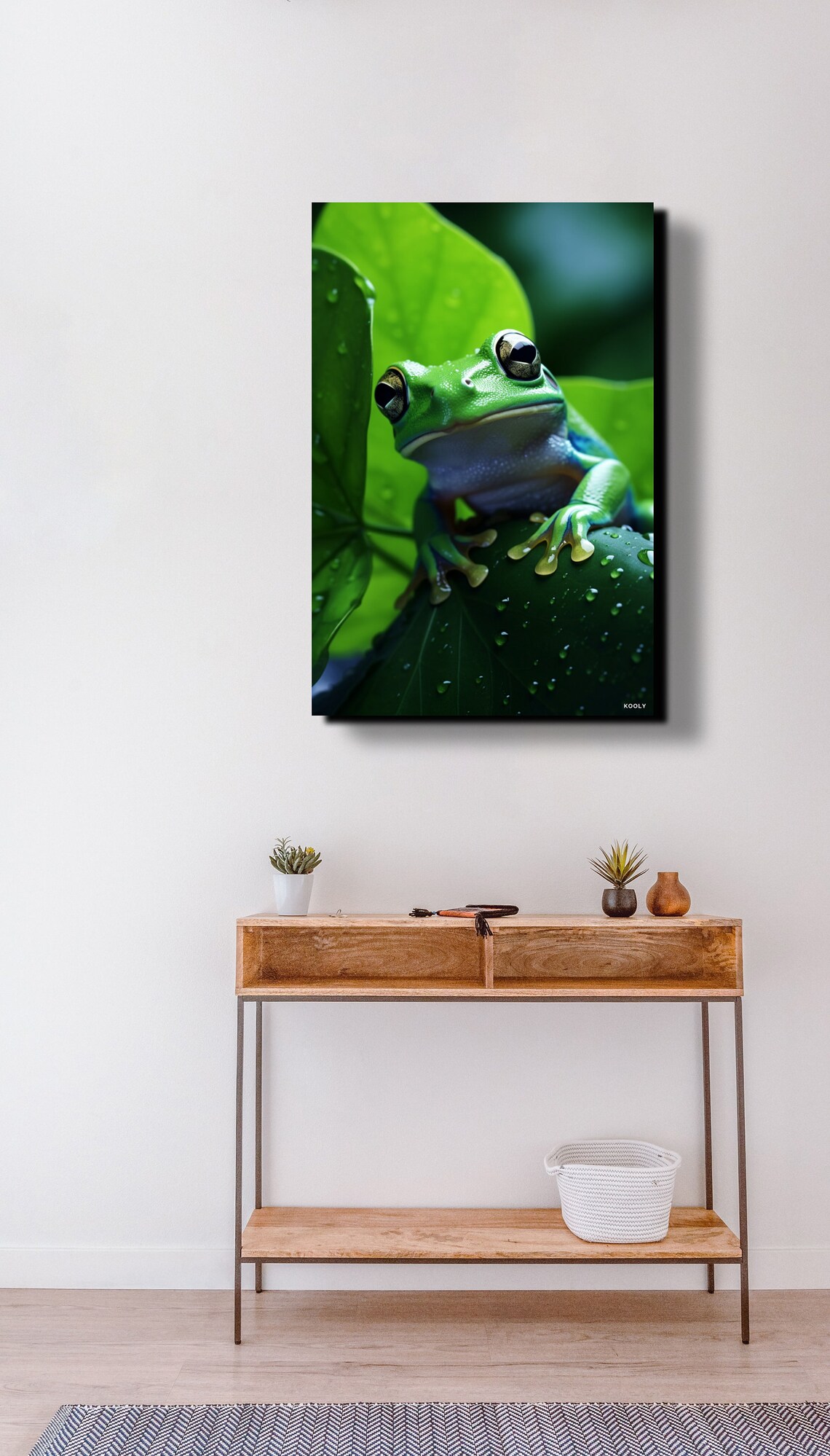 Bright Green Tree Frog Resting On A Dewy Leaf Macro Photo Poster - Image 3