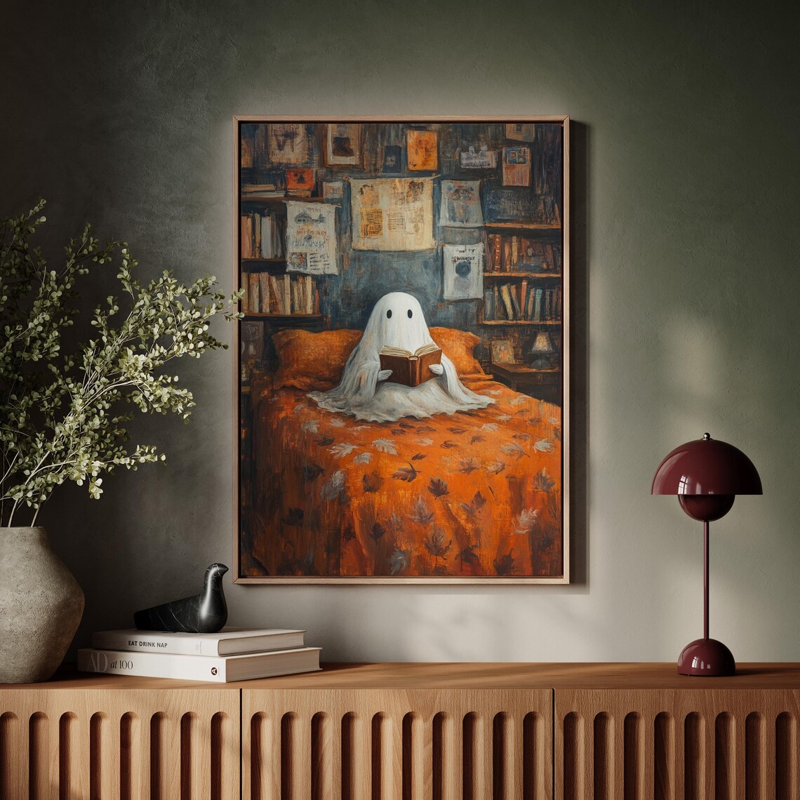 Whimsical Ghost Reading on Cozy Bed, Halloween - Image 7