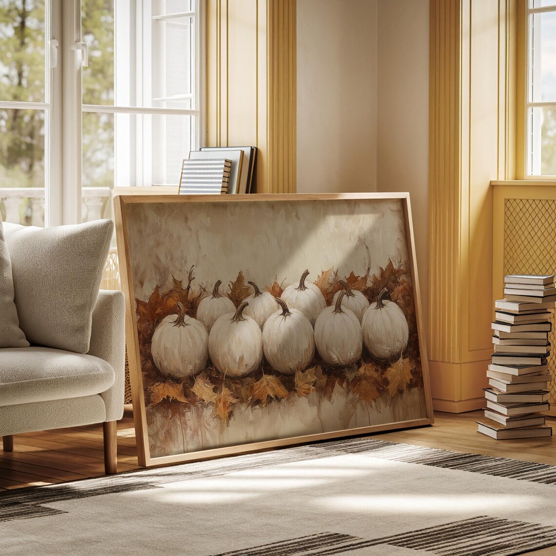 White Pumpkins Among Autumn Leaves Warm Farmhouse Fall Still Life Poster - Image 4