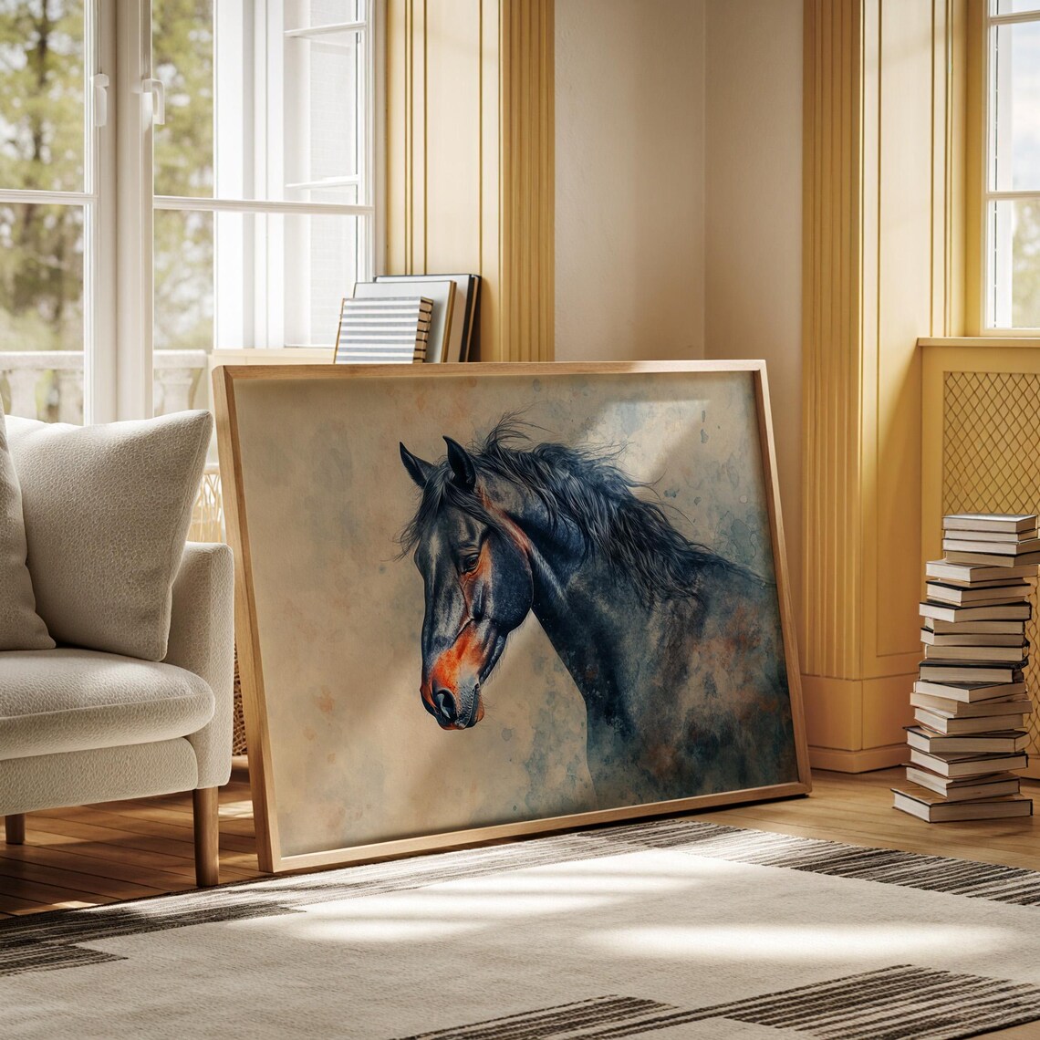Dark Horse Portrait In Blue Watercolor Modern Equine Art Poster - Image 5