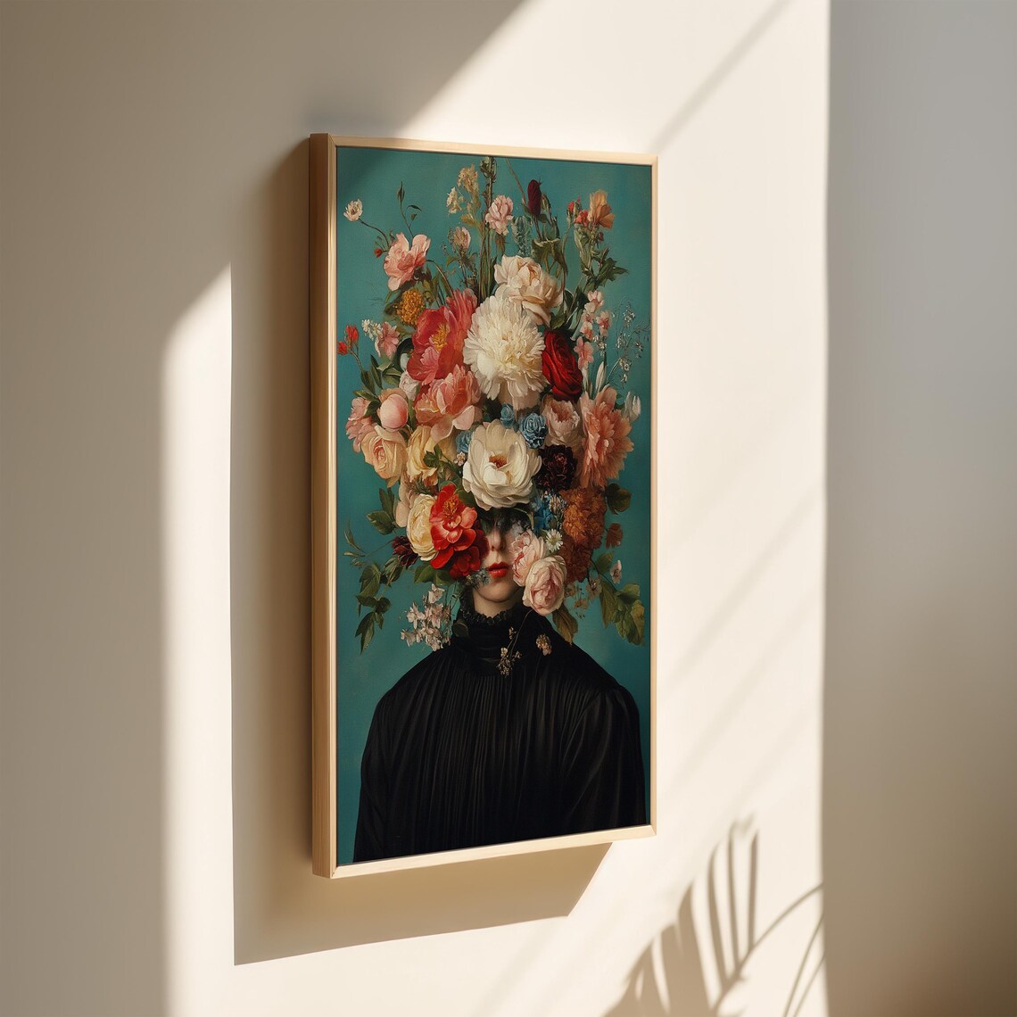 Surreal Woman with Flower Bouquet Dark Floral Portrait Art Poster - Image 4