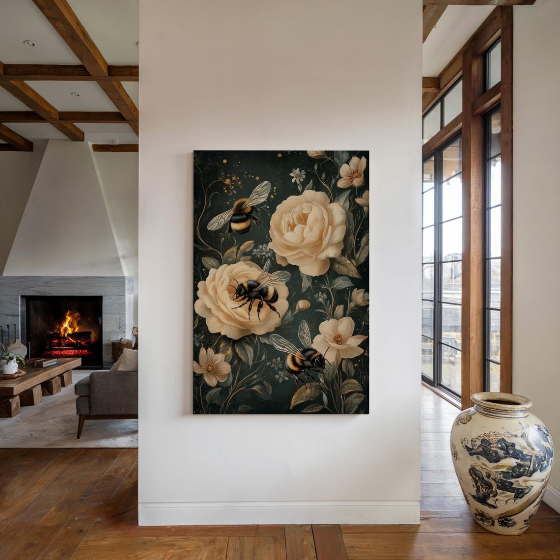 Three Bumblebees Among Cream Peonies Dark Botanical Art Poster - Image 3