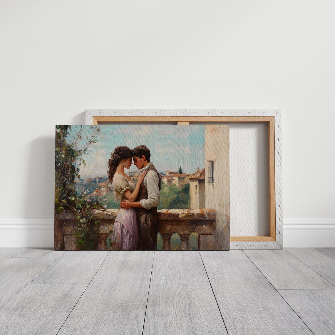 Young Couple Embracing On Balcony Overlooking Italian Town Wall Art - Image 3