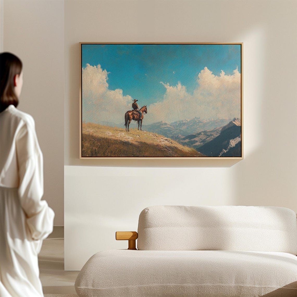 Lone Cowboy on Horseback Overlooking Mountain Range Art Poster - Image 4