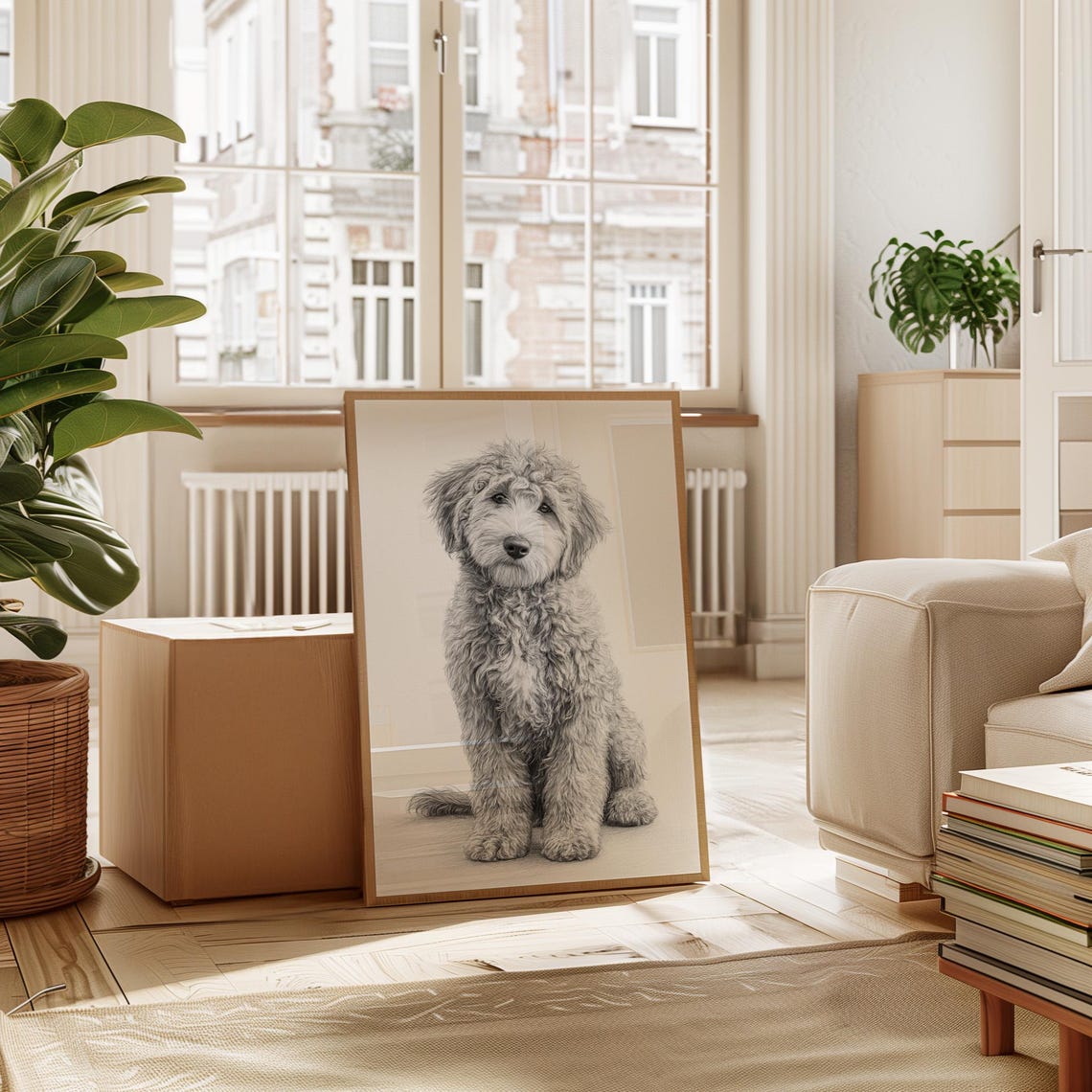 Curly Haired Doodle Puppy Black White Pencil Sketch Portrait Poster