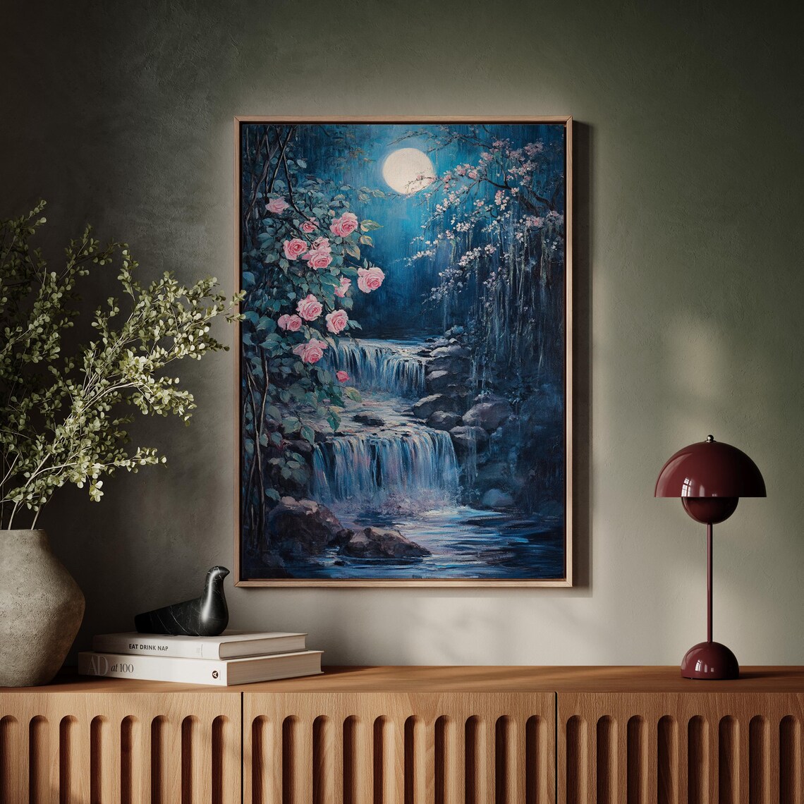 Moonlit Waterfall, Romantic Floral Night Scene