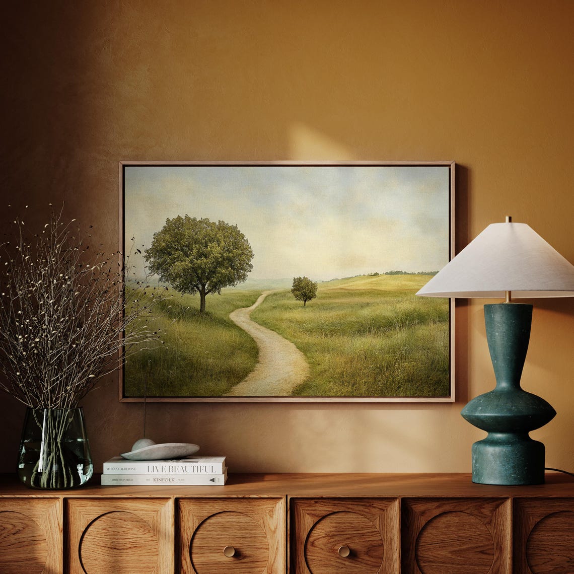 Rolling Green Hills Winding Path Vintage Countryside Painting Print