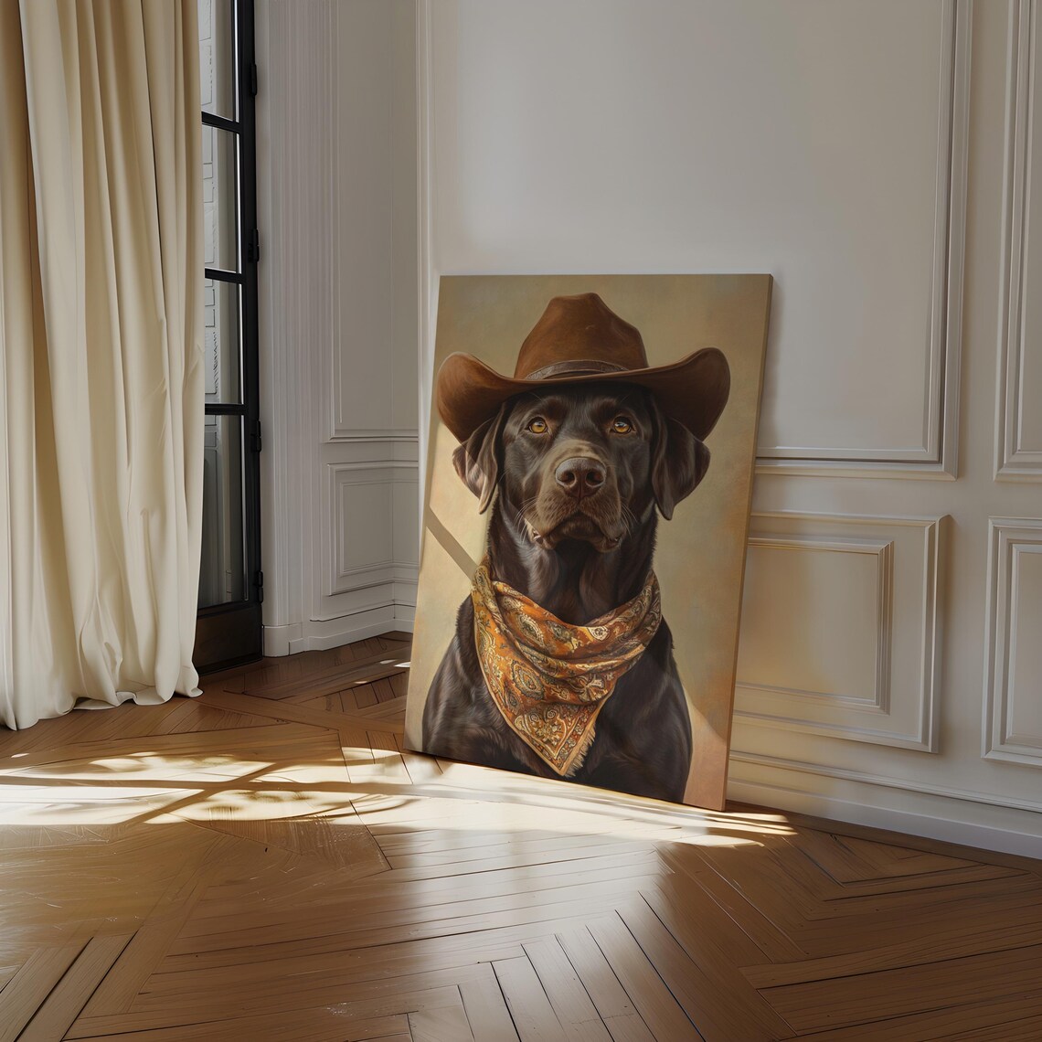Chocolate Lab Cowboy Portrait Gold Bandana Western Dog Painting Poster