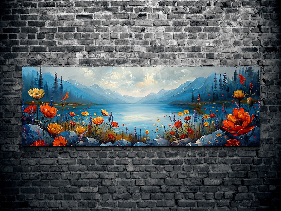 Bold Red Flowers by a Blue Mountain Lake in Acrylic Style Poster - Image 2
