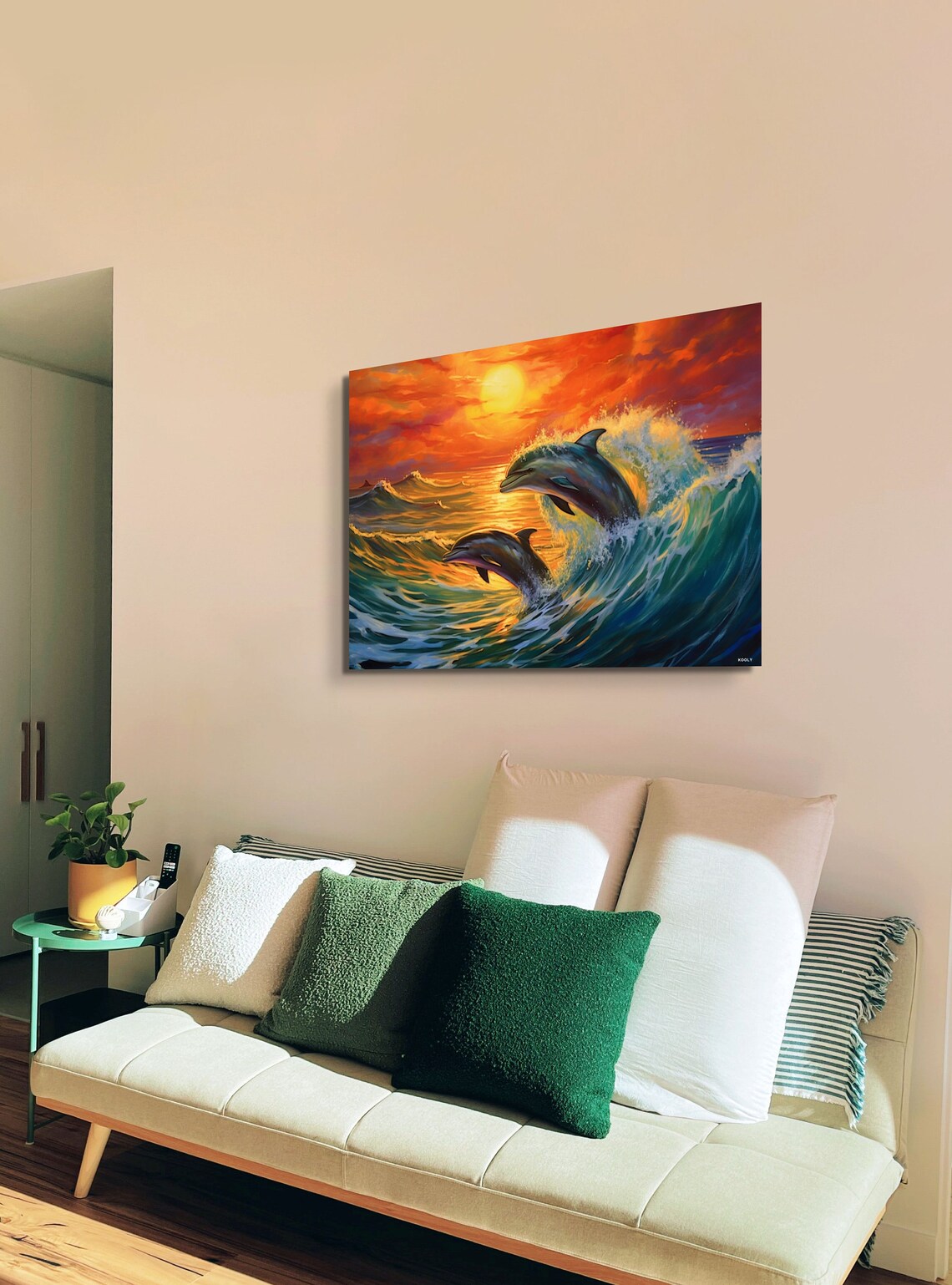 Dolphins Leaping Golden Sunset Ocean Waves Sea Life Art Poster - Image 4