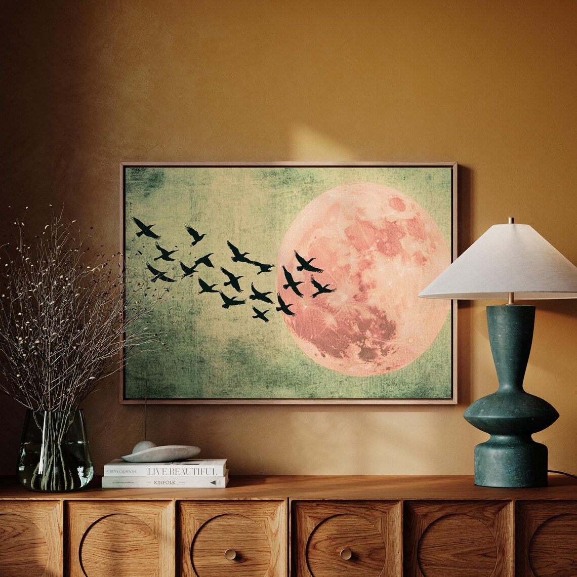 Pink Full Moon With Bird Flock Vintage Celestial Nature Poster