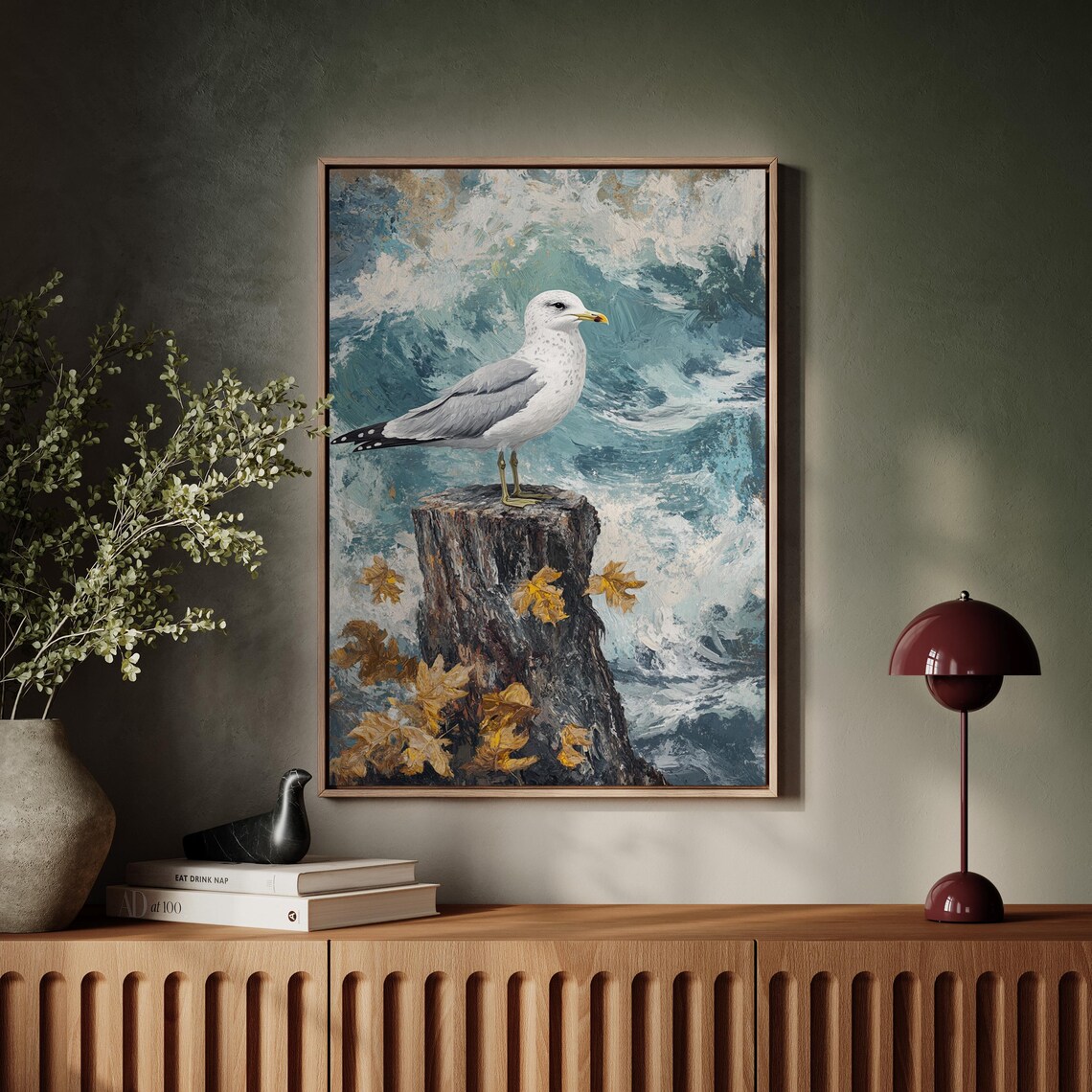 Seagull Perched on a Weathered Stump Among Ocean Waves and Leaves Poster - Image 7