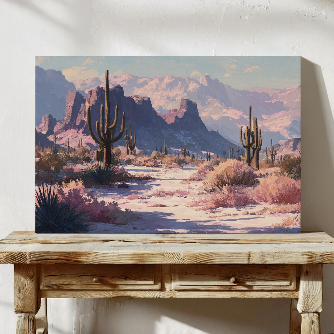 Southwest Desert With Saguaro Cactus Violet Mountain Art Poster