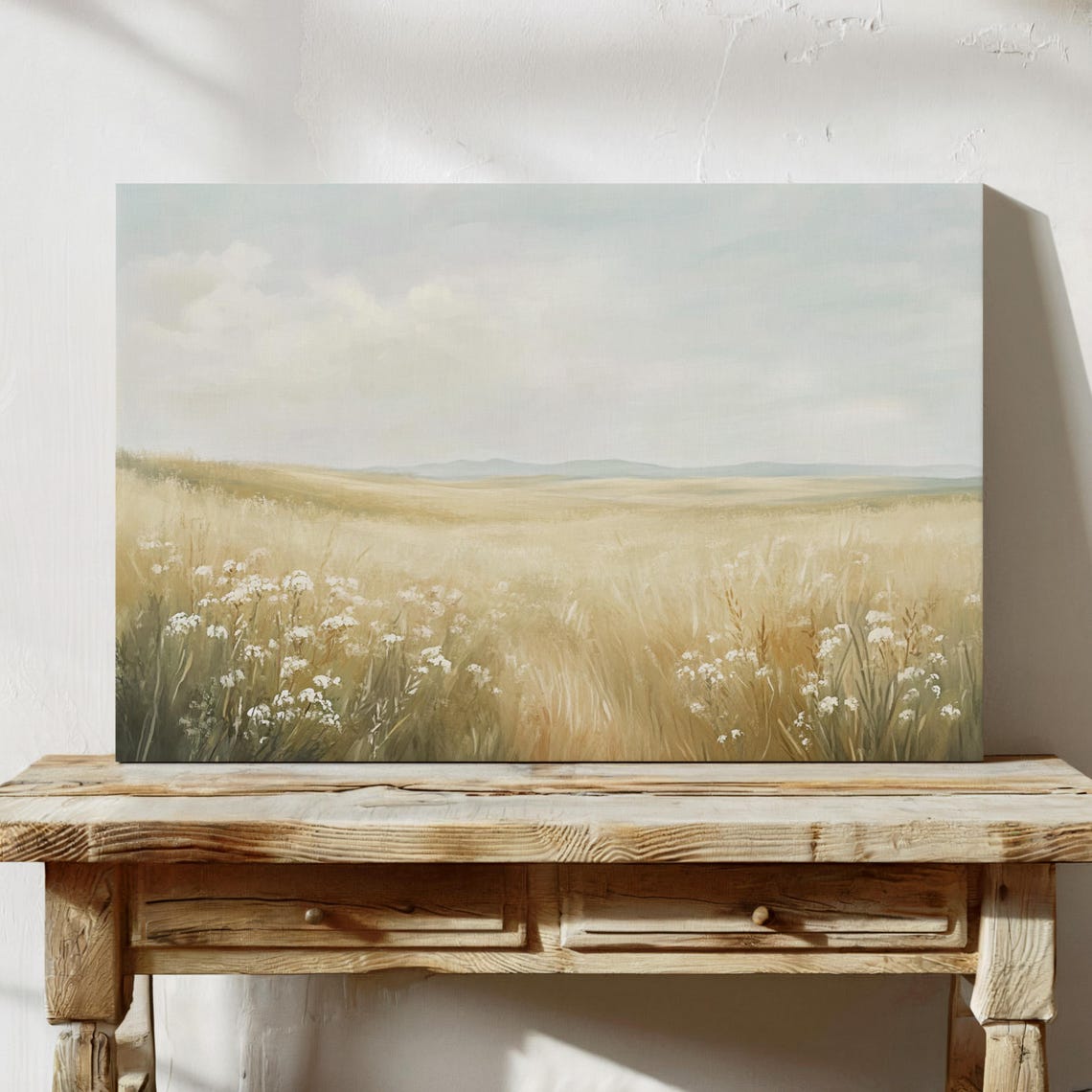 Serene Golden Meadow Of White Wildflowers Under Soft Hazy Sky Poster - Image 2