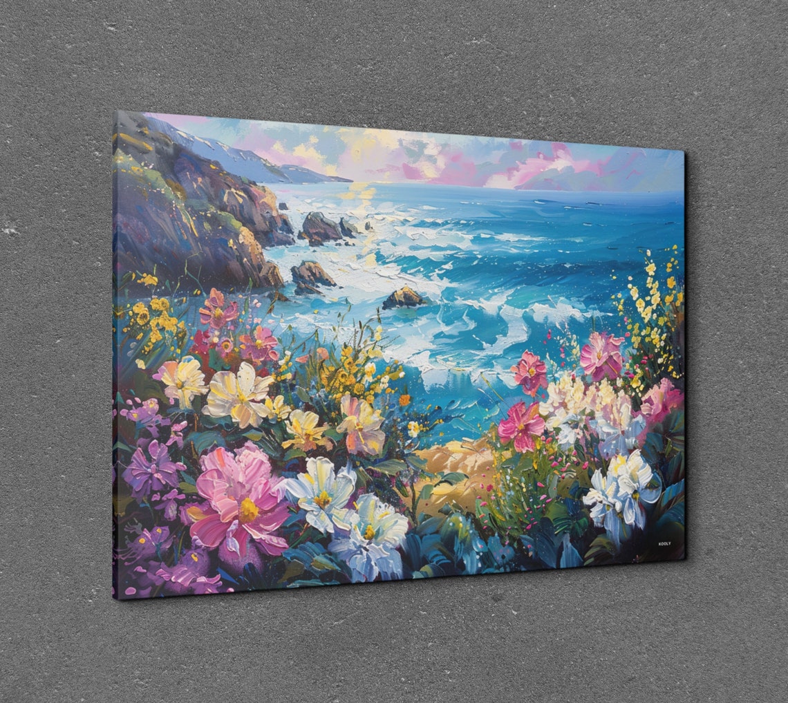 Ocean Waves Over Flowering Coast Pink Blossom Seascape Poster - Image 3