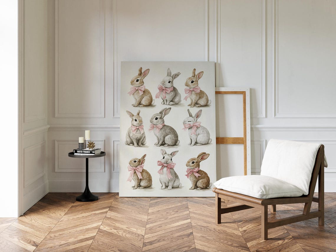 Adorable Bunny Wall Art Cute Rabbits With Pink Bows Print For Nursery Kids Room Or Easter Home Decor - Image 4