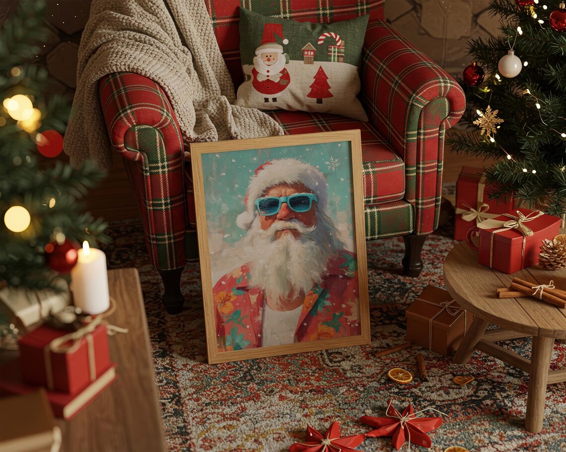Tropical Santa in Hawaiian Shirt and Sunglasses Holiday Poster