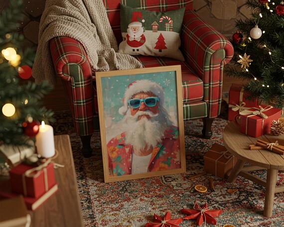 Tropical Santa in Hawaiian Shirt and Sunglasses Holiday Poster